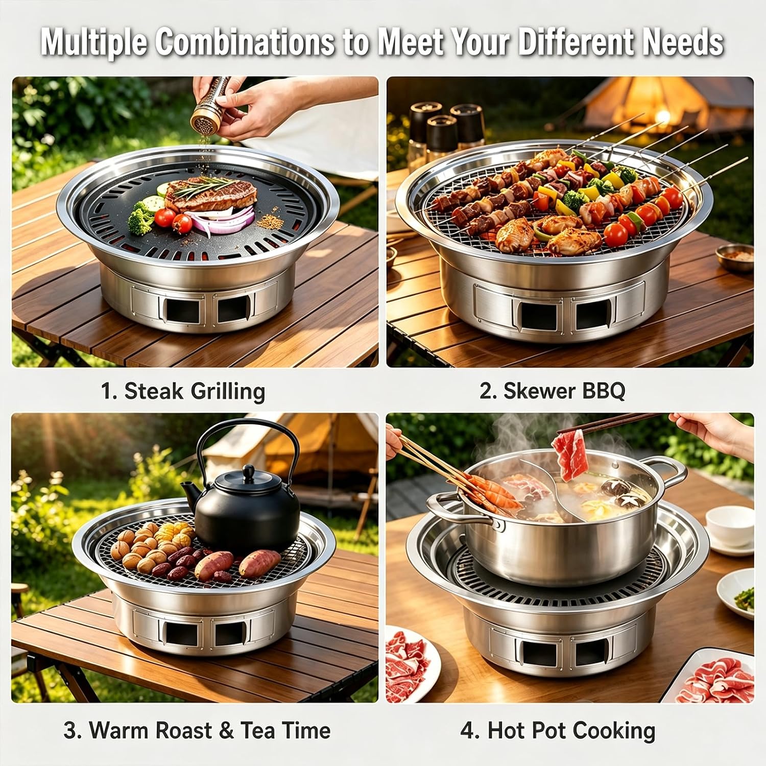 13.7" Charcoal Grill Multi-use Stainless Steel Tabletop BBQ Smoker - Image 5