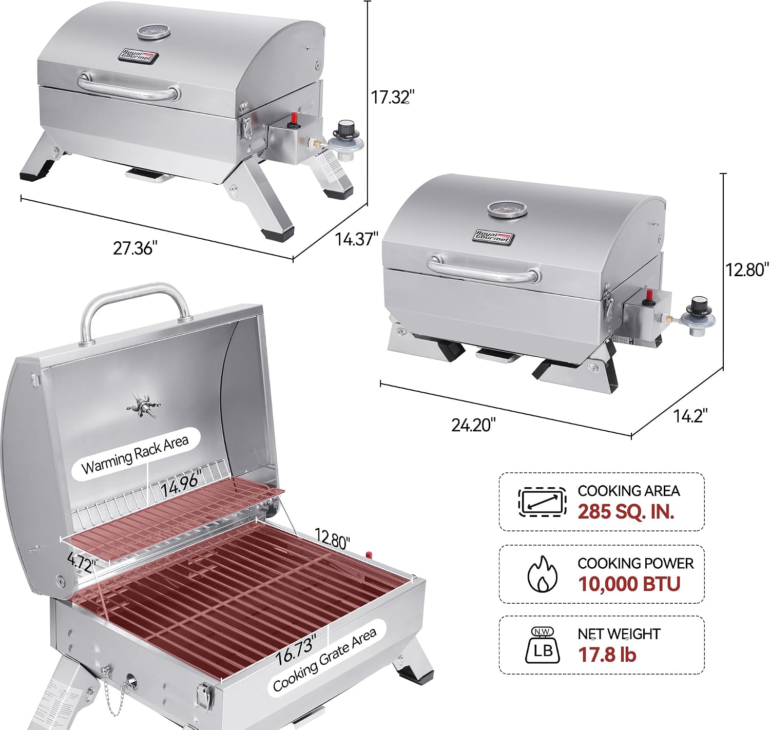 Royal Gourmet GT1001 S/S Portable Propane Gas Grill with Folding Legs - Image 4